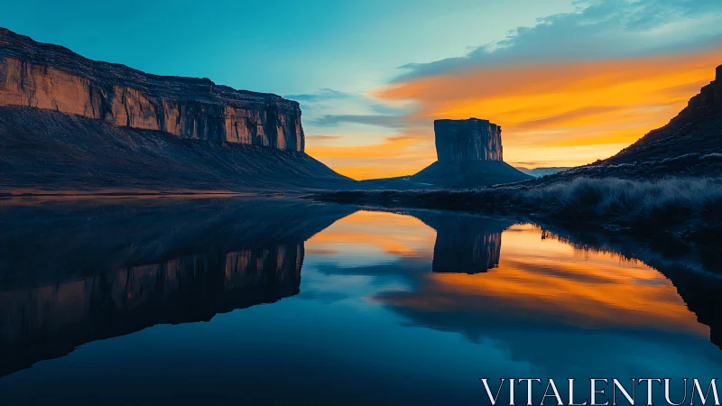 Sunlit mesa and canyon cliffs mirrored in tranquil water.