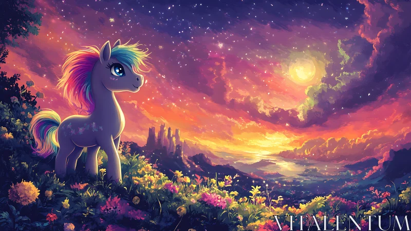 Rainbow-maned pony dreaming under a glowing twilight sky.