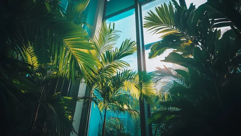 Tall interior palms against high glass windows at dusk.