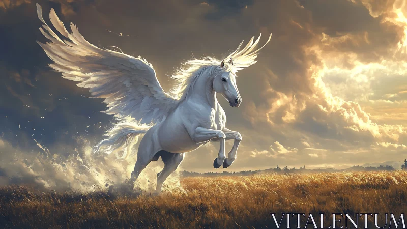 Winged white stallion accelerates through illuminated grassland storm