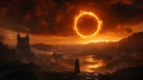 Fiery ring over distant ruins in dark orange landscape.