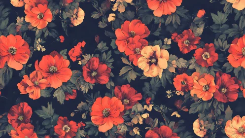 Vibrant Red and Orange Florals Against Deep Navy Background
