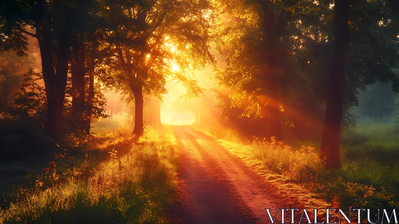 Golden Sunrise Illuminates Forest Path in Serene Landscape Photography.