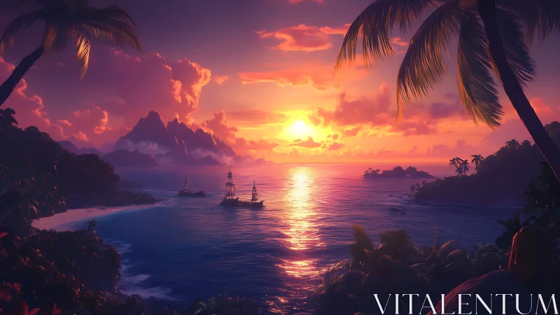 Spectral tropical seascape with silhouetted galleon flotilla.