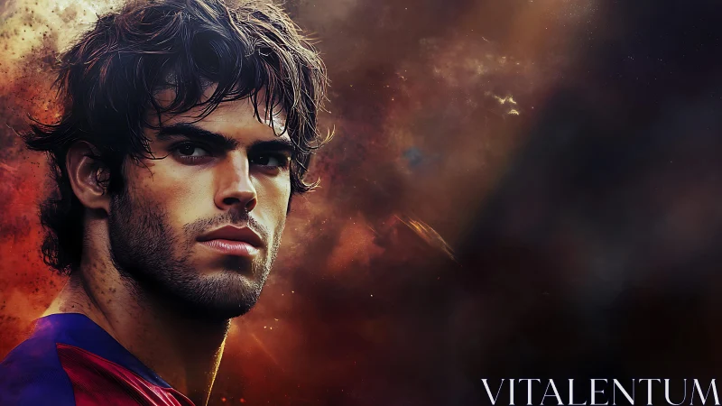 Focused male portrait against fiery abstract background.