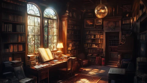 Dimly lit library interior shows desk, bookshelves, and windows