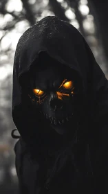 Hooded skeletal figure with glowing eyes stands in forest