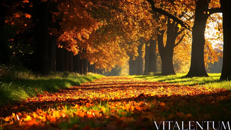 Tree lined path covered in sunlit autumn leaves.