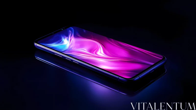 Modern smartphone with glowing neon screen in dark minimalist style.