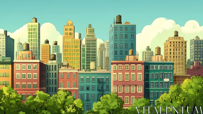 Midrise and highrise city blocks with foreground trees.