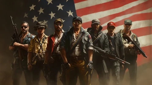 Heavily armed militia squad before large US flag backdrop.