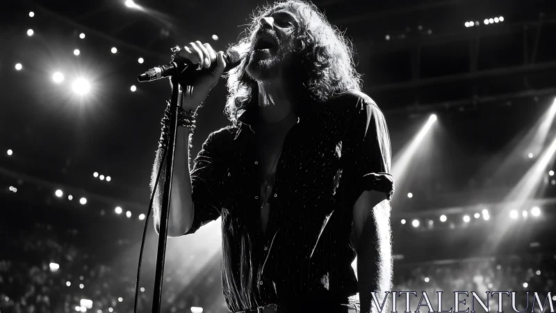 Monochrome male vocalist performing on large concert stage.