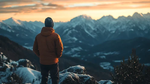 Backlit hiker observes layered alpine range under warm sunset sky