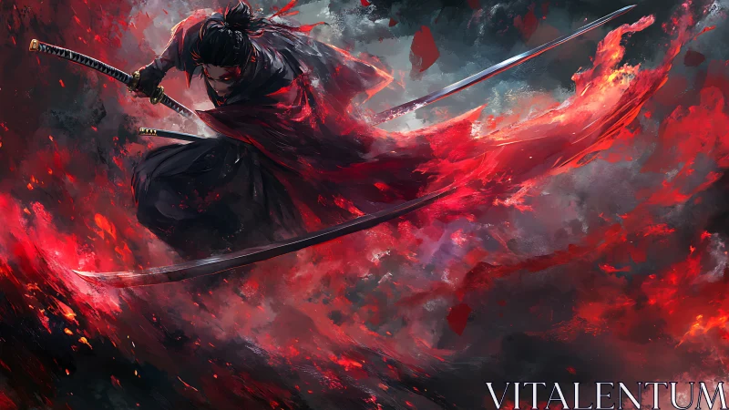 Dynamic katana swordsman arcs through red vortex with motion blur
