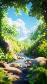Sunlit forest stream flows through rocks under clear sky