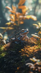 Macro-rendered tree frog on mossy substrate with cinematic bokeh lighting