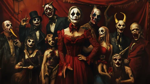 Macabre clown ensemble poses in baroque horror tableau lighting