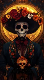 Elegant D&iacute;a de Muertos skeleton glows in gilded halo.