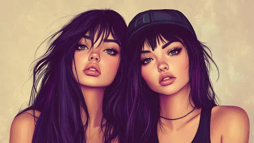 Confident twin friends sharing a stylish, dreamy moment together.