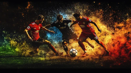 Electric soccer showdown bursting with color and motion.