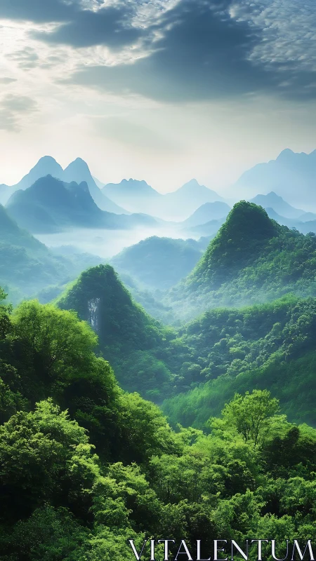 Mist veiled green mountains under soft morning sky.