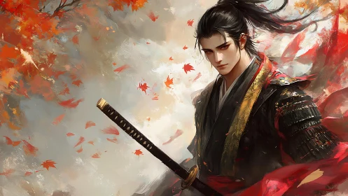 Autumn katana duelist amid dynamic brushwork dispersion.