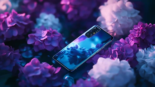Reflective smartphone on neon flowers in glowing closeup.