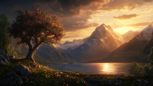 Golden sunset paints a tranquil lake and blossoming tree