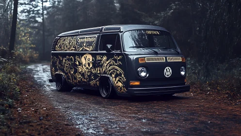 Custom VW van with gold graphics on wet forest roadway.