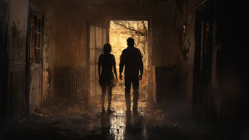 Silhouetted pair in ruined hallway facing a burning exit.