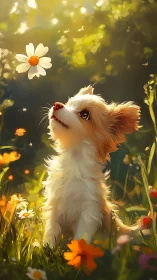 Puppy gazes at floating daisy in a warm golden meadow