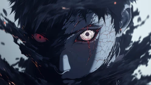 Cybernetic-eyed anime subject engulfed by disintegrating shadow veil