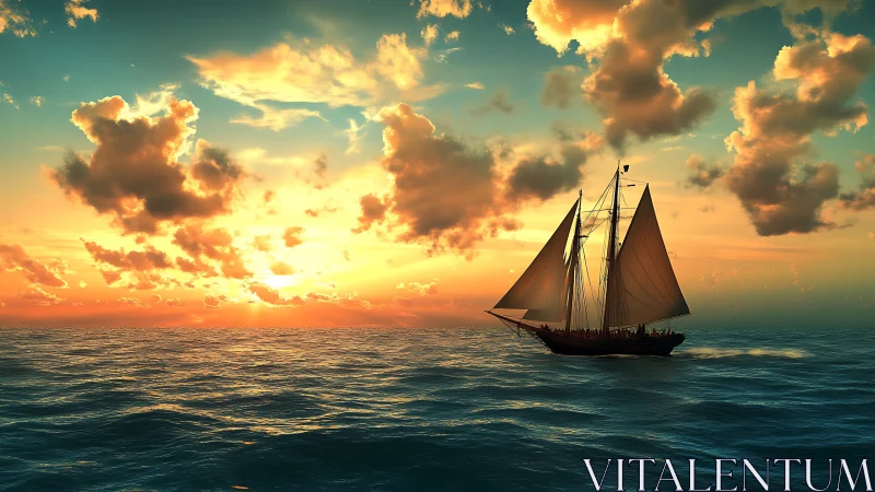 Tall ship under vivid sunset sky on open ocean horizon.