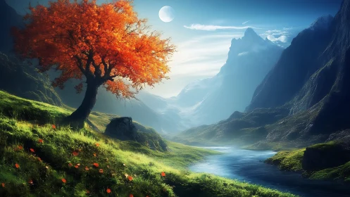 Moonlit valley with a glowing autumn tree by a river.