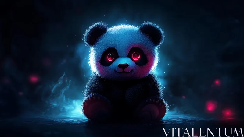 Starlit neon panda cub glowing in a dreamy cosmic mist.
