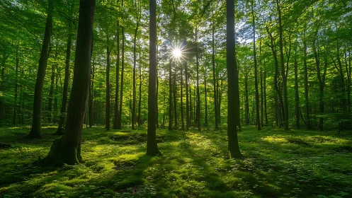 Sunlight streaming through lush green forest in serene landscape.