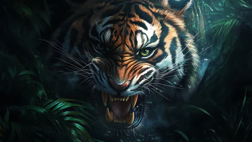 Snarling jungle tiger lunges through dark emerald foliage.