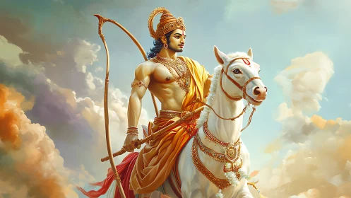 Heroic archer deity on ornate white horse under volumetric clouds