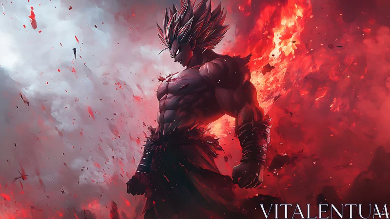 Muscular spiky-haired warrior amid red explosive energy field.