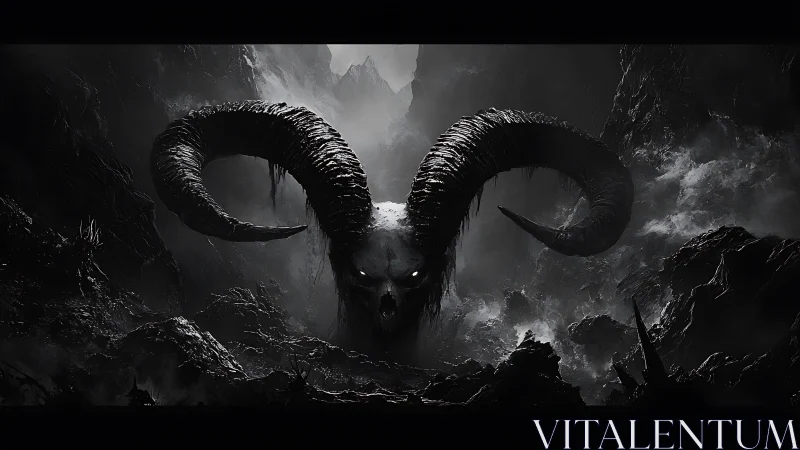 Mountain chasms cradle a colossal horned abyssal guardian