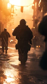 Armed soldiers move through wet city street at dusk.