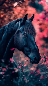 Black horse profile amid blurred pink foliage and flowers.