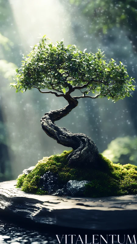 Gentle forest bonsai glowing softly in dappled morning light.