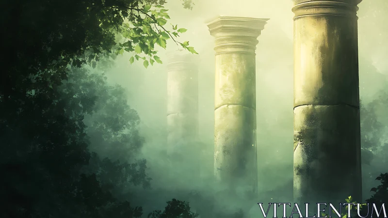 Ancient stone columns rising through misty forest light.