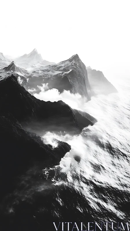 Monochrome coastal massif with fog-laden surf impact zone