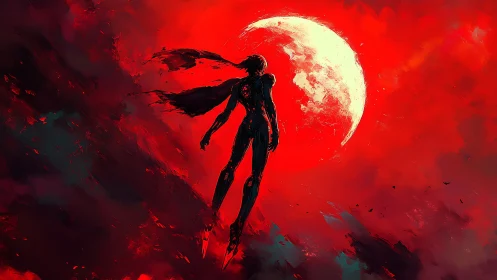 Lone armored silhouette ascends before a blazing red moon.