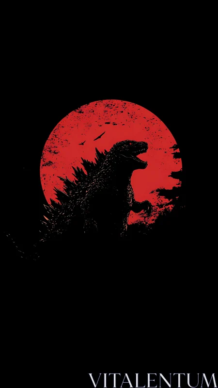 Graphic silhouette kaiju profile against crimson sun circle.