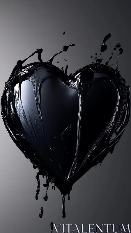 Black Liquid Heart with Dynamic Splash and Droplets.