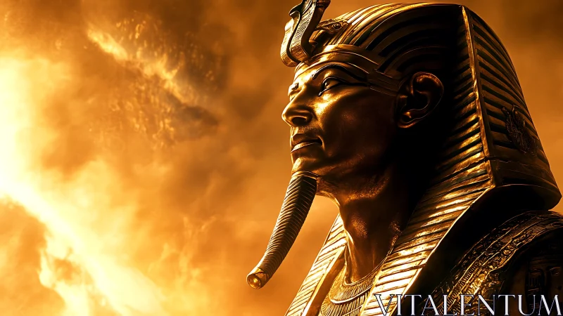 Golden pharaoh bust glowing against fiery dramatic sky.