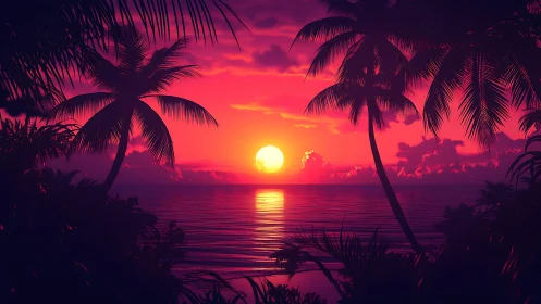 Radiant tropical sunset ignites a tranquil palm-lined horizon.
